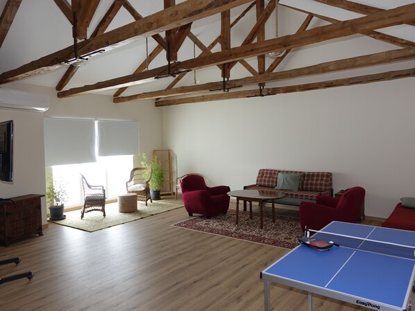 Smart TV, fireplace, table football, ping pong