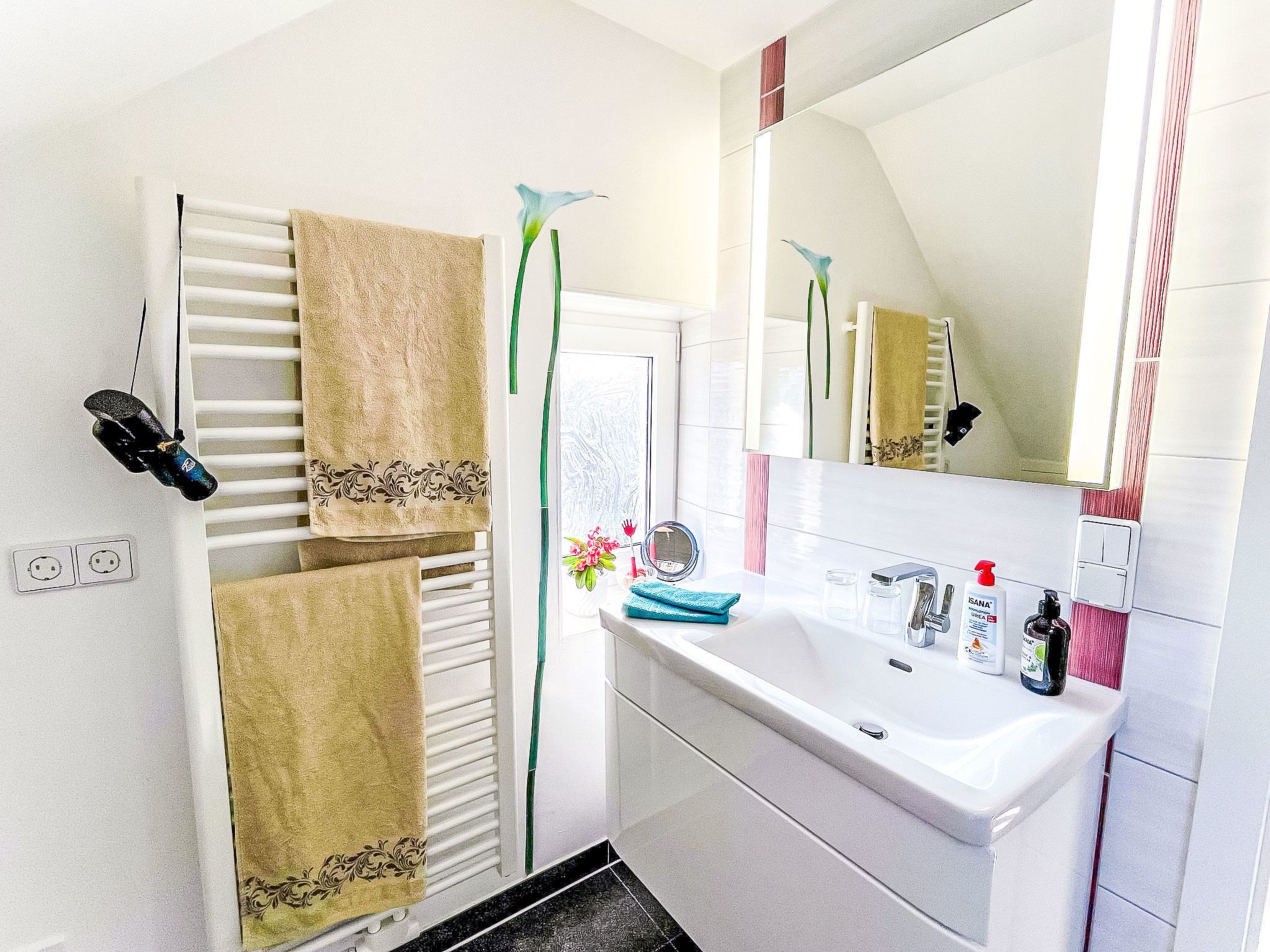 A bathroom with a white sink, mirror, and towel rack. There are two towels hanging on the rack, and a green plant in the corner.