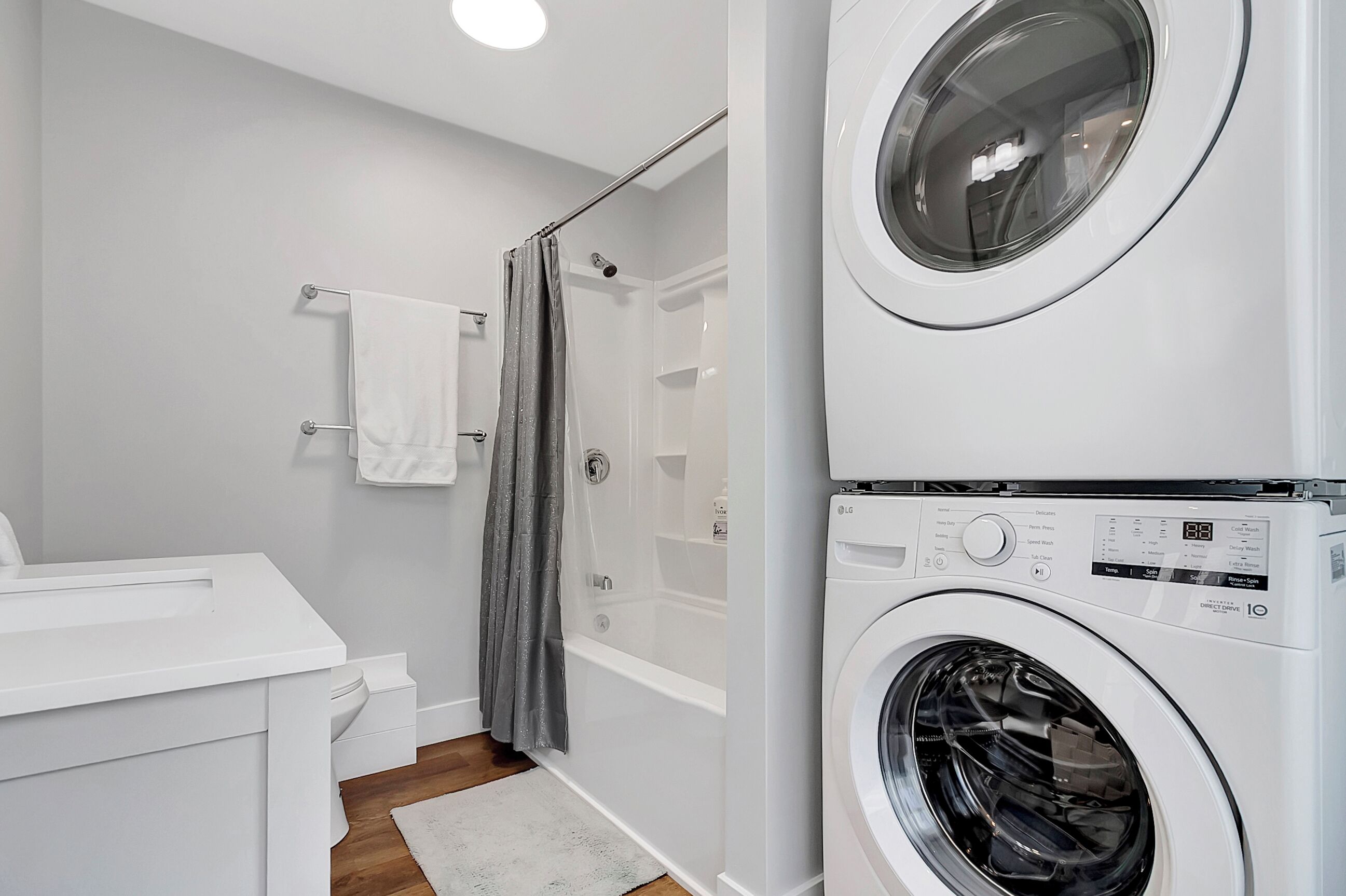 Hair dryer, towels, soap, toilet paper