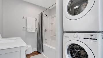 Hair dryer, towels, soap, toilet paper