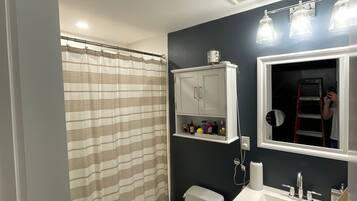 Hair dryer, bidet, towels, soap