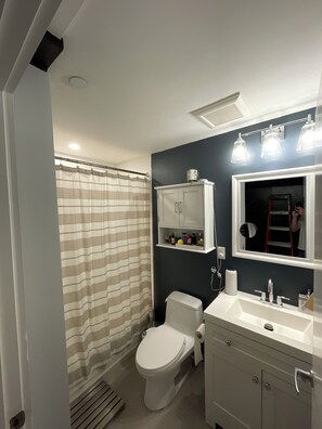 Hair dryer, bidet, towels, soap