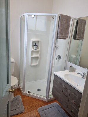 Shower, towels, soap, toilet paper