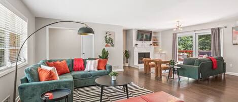 Smart TV, fireplace, table football, books