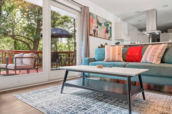 Smart TV, fireplace, foosball, books