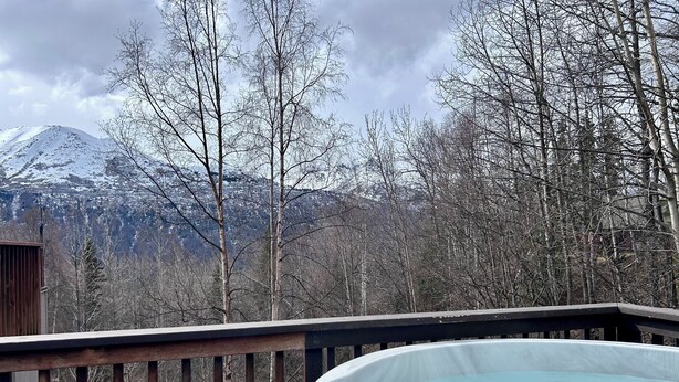 Tinaja en una terraza con vista a la montaña.
