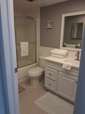 Hair dryer, towels, soap, toilet paper