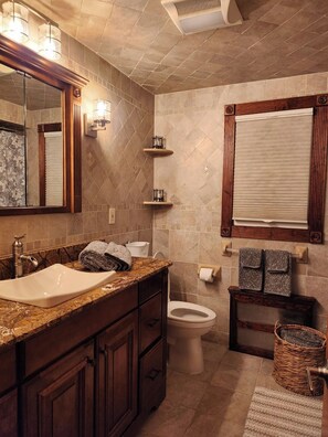 Hair dryer, towels, soap, toilet paper