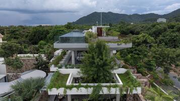 A modern building with a glass roof, surrounded by lush greenery and a mountainous backdrop.