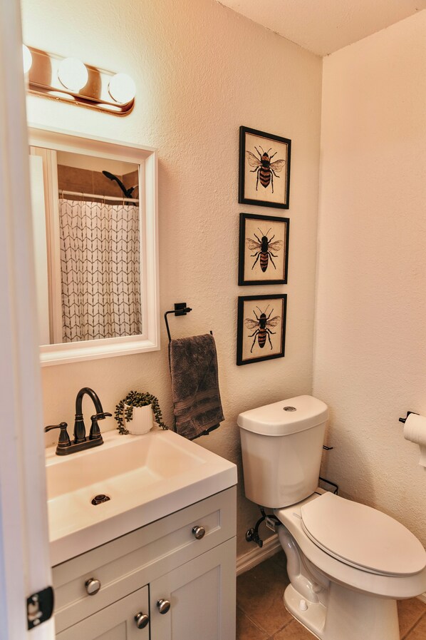 A bathroom with a sink, mirror, toilet, and three framed pictures on the wall.