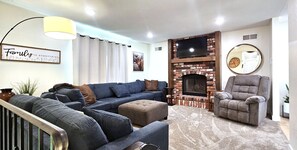 Smart TV, fireplace, video games, foosball