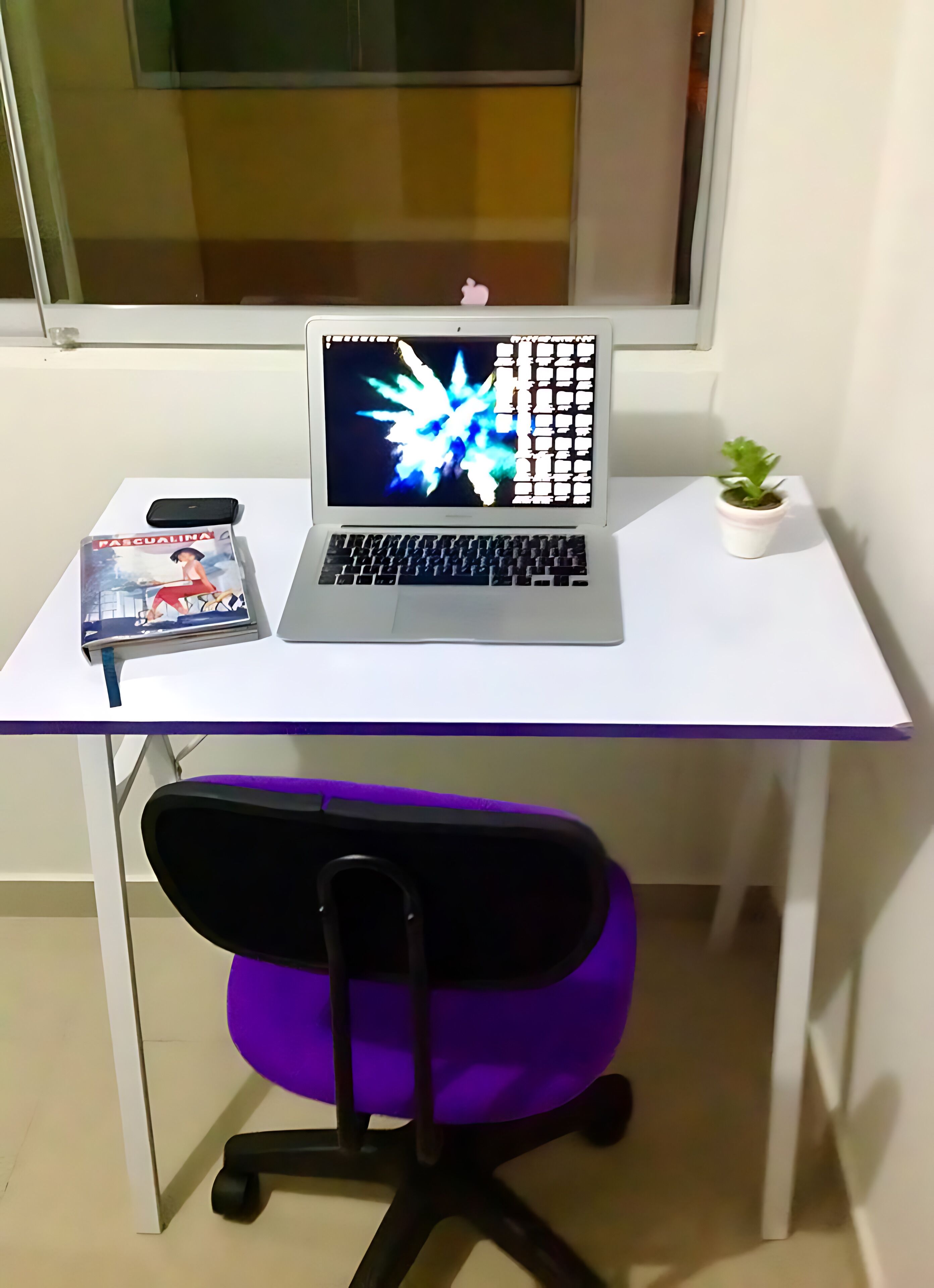 Een laptop op een wit bureau, met een boek, een telefoon en een klein plantje.