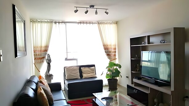 Ein modernes Wohnzimmer mit einer Couch, einem Couchtisch, einem Fernseher und einer Pflanze.