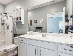 Shower, towels, soap, toilet paper