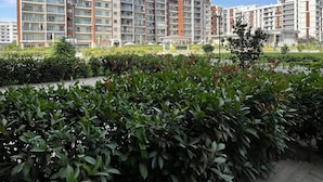 Un immeuble résidentiel moderne doté de nombreux balcons, d’un jardin bien entretenu et surplombant un ciel d’un bleu éclatant.