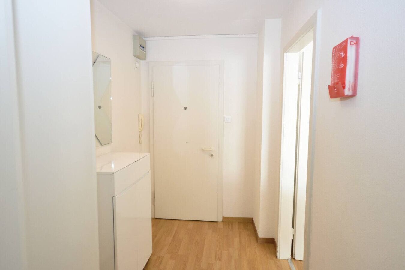 A narrow hallway with a white door at the end, a small white appliance on the left, and a red object on the wall.