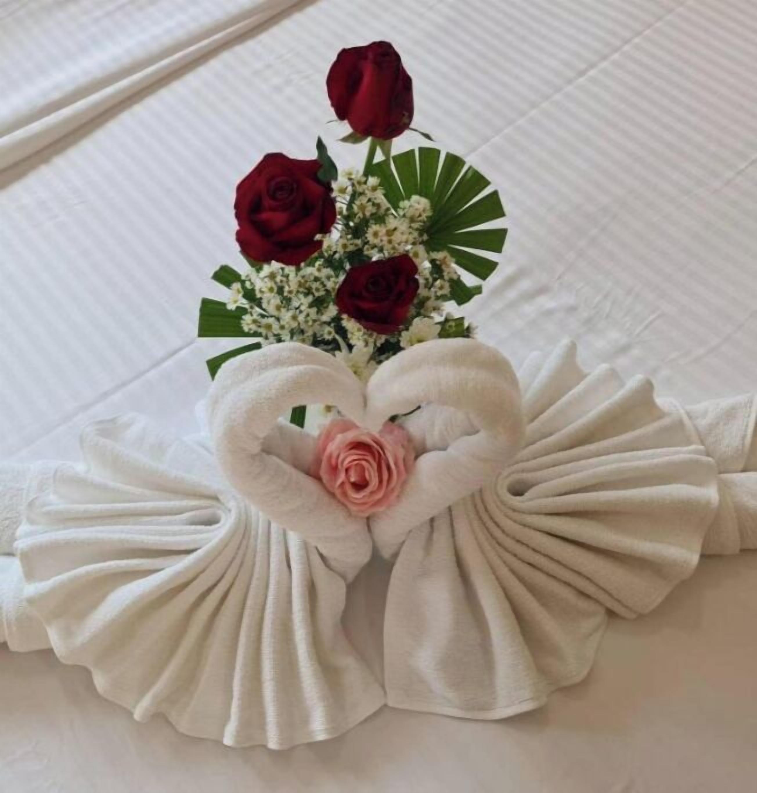 A towel arrangement in the shape of swans with roses.