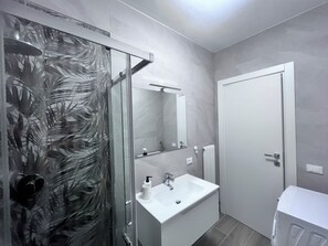 Shower, hair dryer, bidet, towels
