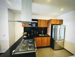 Fridge, microwave, oven, stovetop