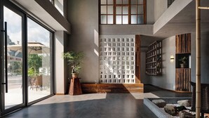 A modern interior with a large glass door, a wooden staircase, and a bamboo structure. - Zhangjiajie SANHE Resort  (Zhangjiajie)