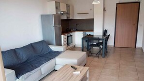 A compact living space with a sofa, a coffee table, a dining table with chairs, a kitchen area with cabinets and appliances, and a door.