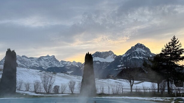 A pool with people swimming, surrounded by snow-covered mountains and trees. - Directly at the Swiss Holiday Park - 3.5-room vacation apartment with 98 m² (Morschach)