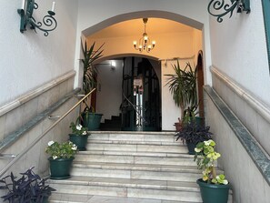 Un magnifique escalier en marbre, bordé de plantes en pot et surmonté d’un lustre.