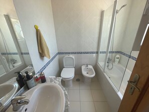 Bidet, towels, soap, toilet paper