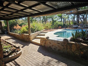 A covered outdoor area with a swimming pool, stone steps, and various plants.