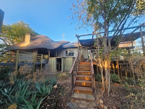 A rustic house with a thatched roof, wooden staircase, and a garden with various plants.