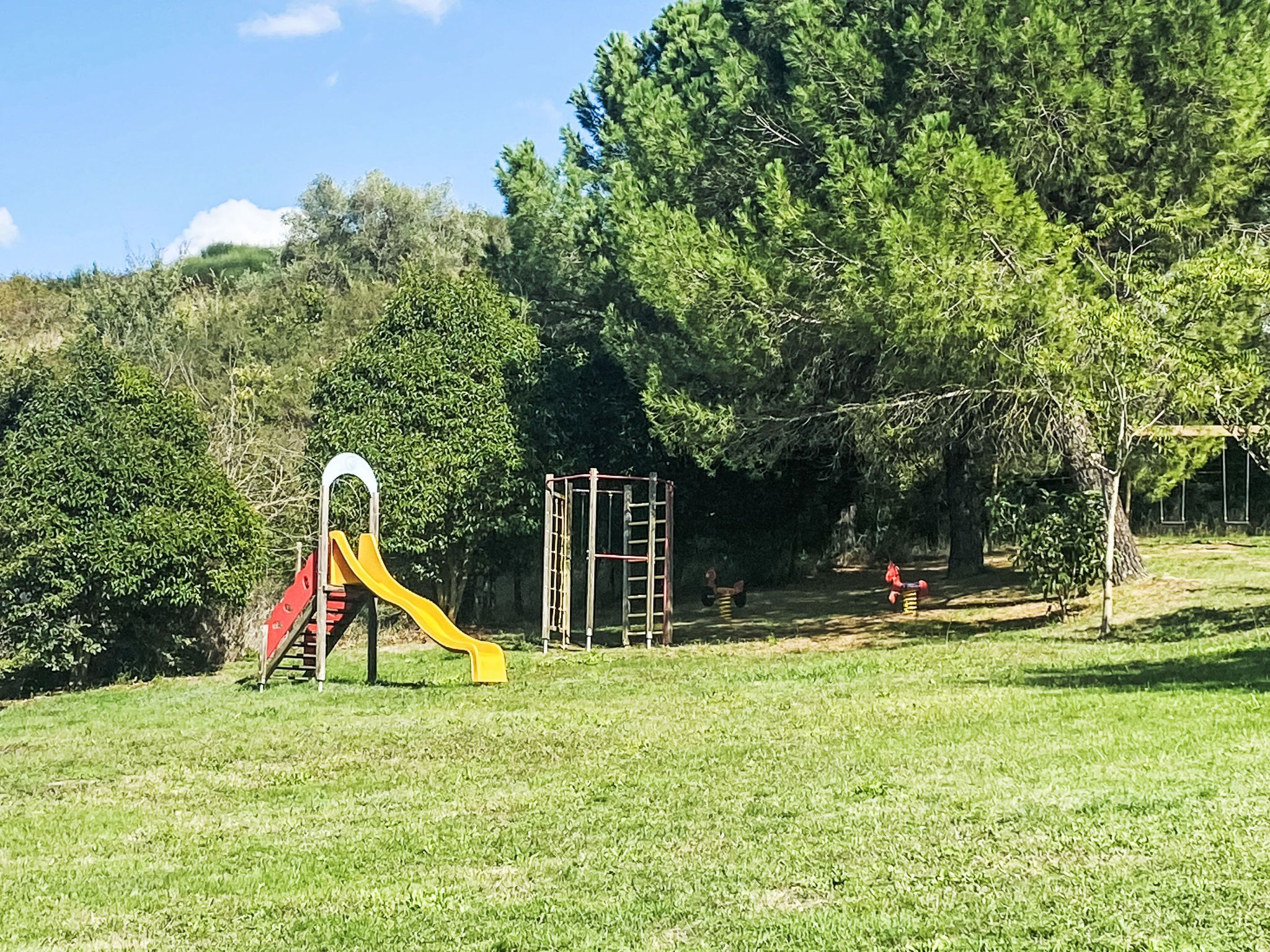 Ein Spielplatz mit Rutsche und Klettergerüst in einer grünen Parkanlage mit Bäumen.