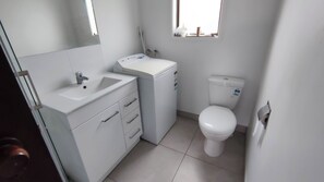 Chuveiro, secador de cabelo, toalhas de banho, sabonete
