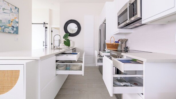A modern kitchen with white cabinetry, a microwave, and a sink. - Stylish two-bedroom home in Buena Vista with private spa (Miami)