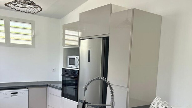 A modern kitchen with a grey countertop, stainless steel appliances, and a unique white vase. - NEW: THE IVORY 3-BEDROOM VILLA (Gros Morne)