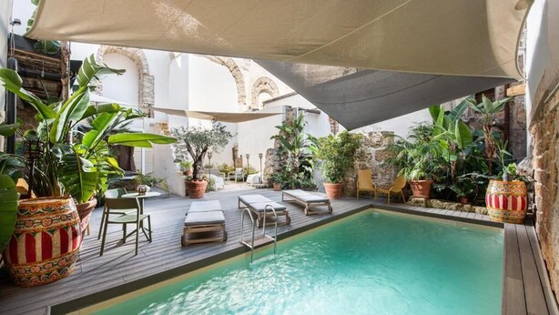 Un espace piscine aménagé avec des chaises longues, des plantes en pot et une terrasse en bois.