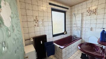 Hair dryer, towels, soap, toilet paper