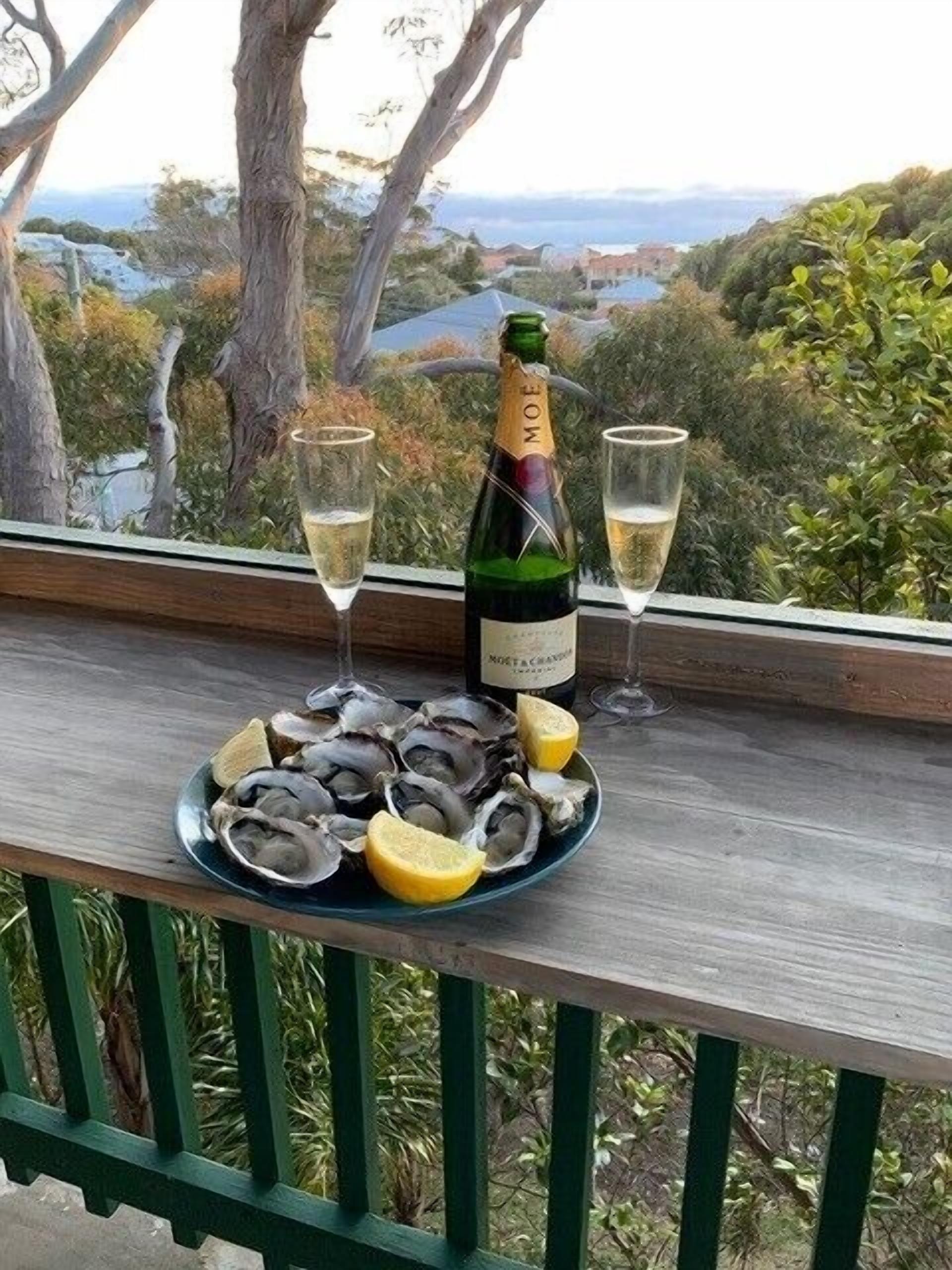 Una botella de vino, dos copas y un plato de ostras sobre una barandilla de madera, con una vista panorámica al fondo.