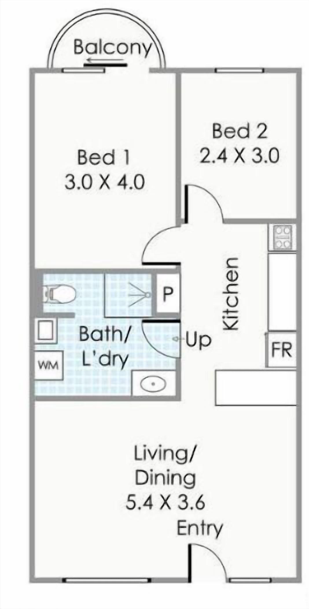 A floor plan with two bedrooms (3.0 x 4.0 and 2.4 x 3.0), a balcony, a kitchen, a bathroom with a shower and toilet, and a living/dining area (5.4 x 3.6).