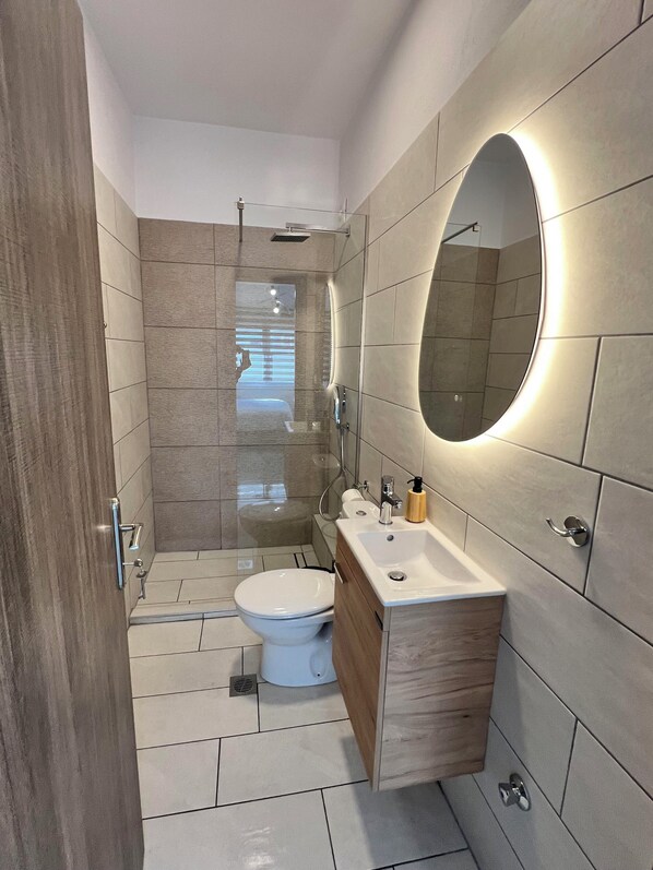 Shower, free toiletries, hair dryer, towels