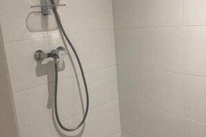 Shower, hair dryer, soap, toilet paper