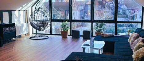 Älytelevisio, takka, DVD-soitin, kirjoja