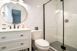 Shower, hair dryer, shampoo