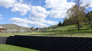 A grassy area with a stone wall, a tree, and a hill in the background. - Clean, fully stocked home in Mitchell. (Mitchell)