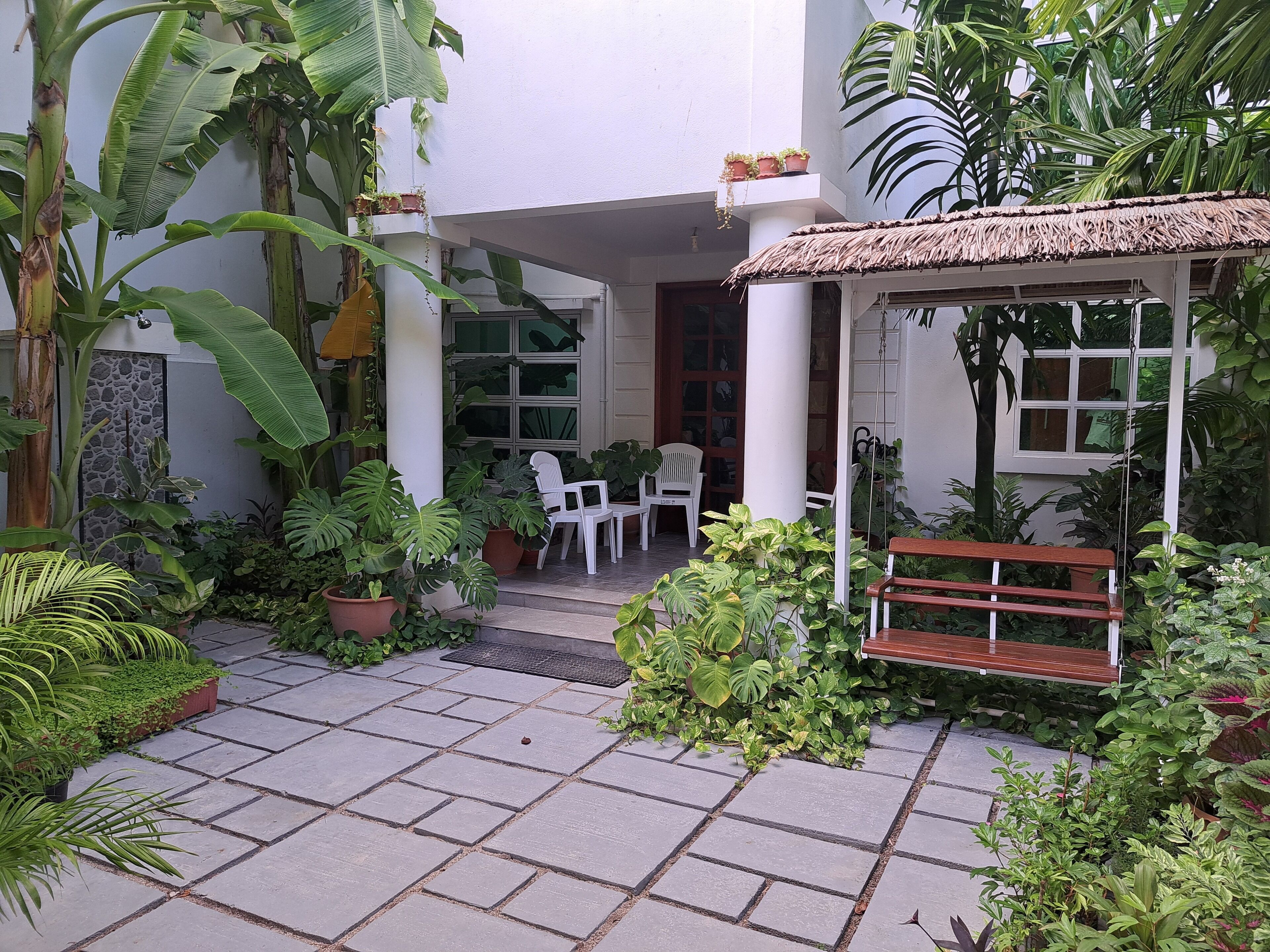 A courtyard with potted plants, a thatched-roof gazebo, and a bench.