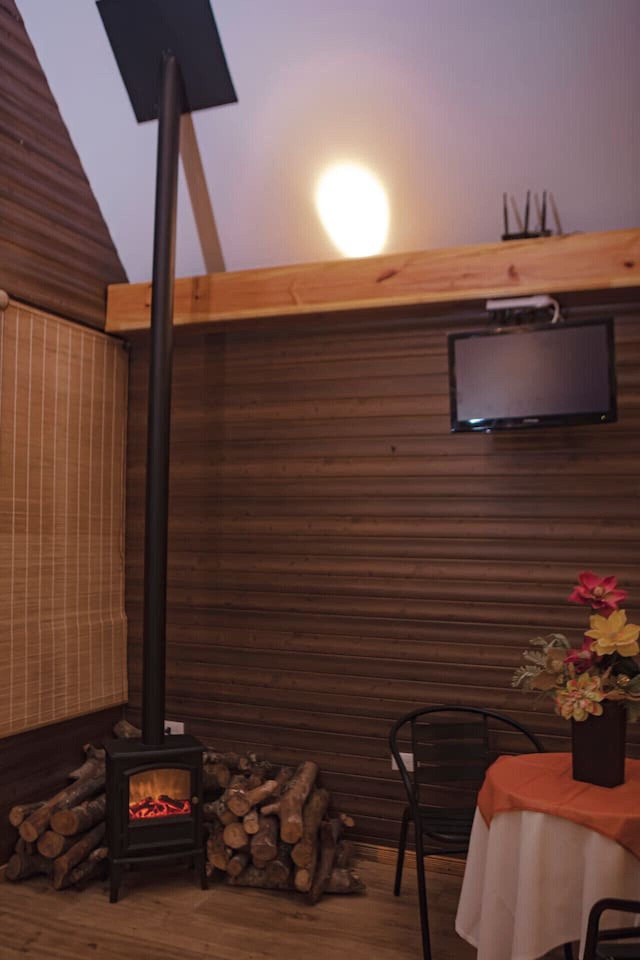 A cozy room with a wood-burning stove, a television mounted on the wall, and a table with a vase of flowers.