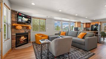 Smart TV, fireplace, foosball, table tennis