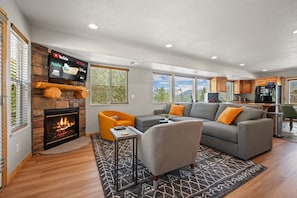 Smart TV, fireplace, foosball, table tennis