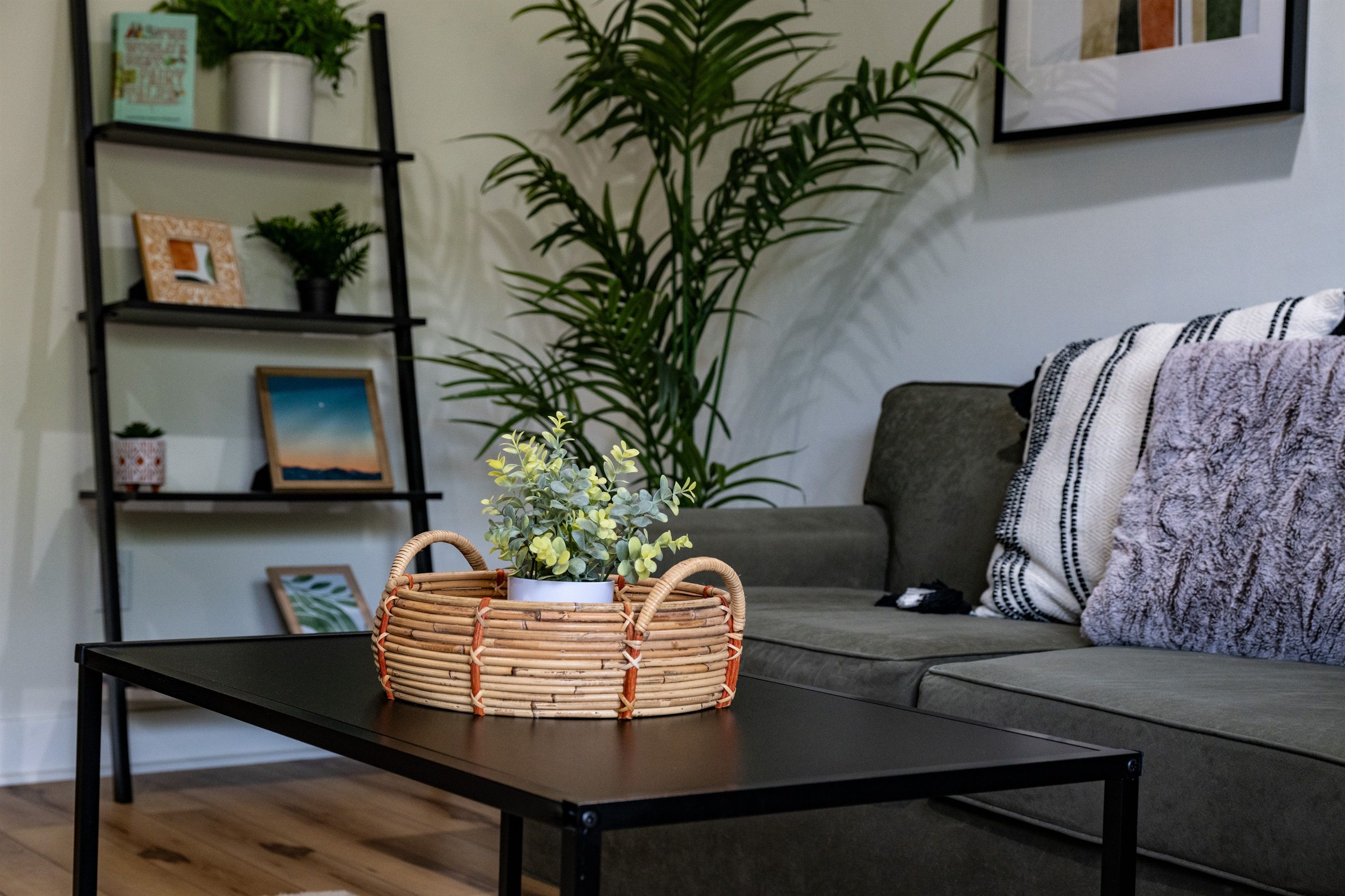 Un salon avec une table basse noire, un canapé gris et un panier en osier contenant une plante.