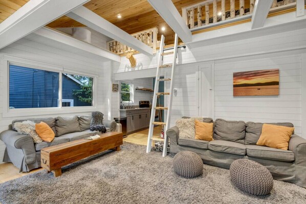 TV, fireplace, books, stereo