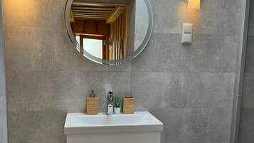 Chuveiro, secador de cabelo, toalhas de banho, papel higiênico